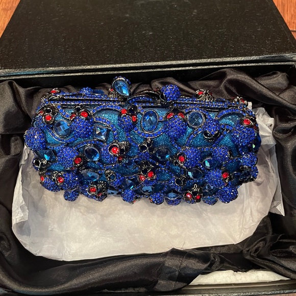 NWT Designer Stefano Laviano Swarovski Crystal Skull Clutch Purse: Blue w/ Red - Picture 2 of 11